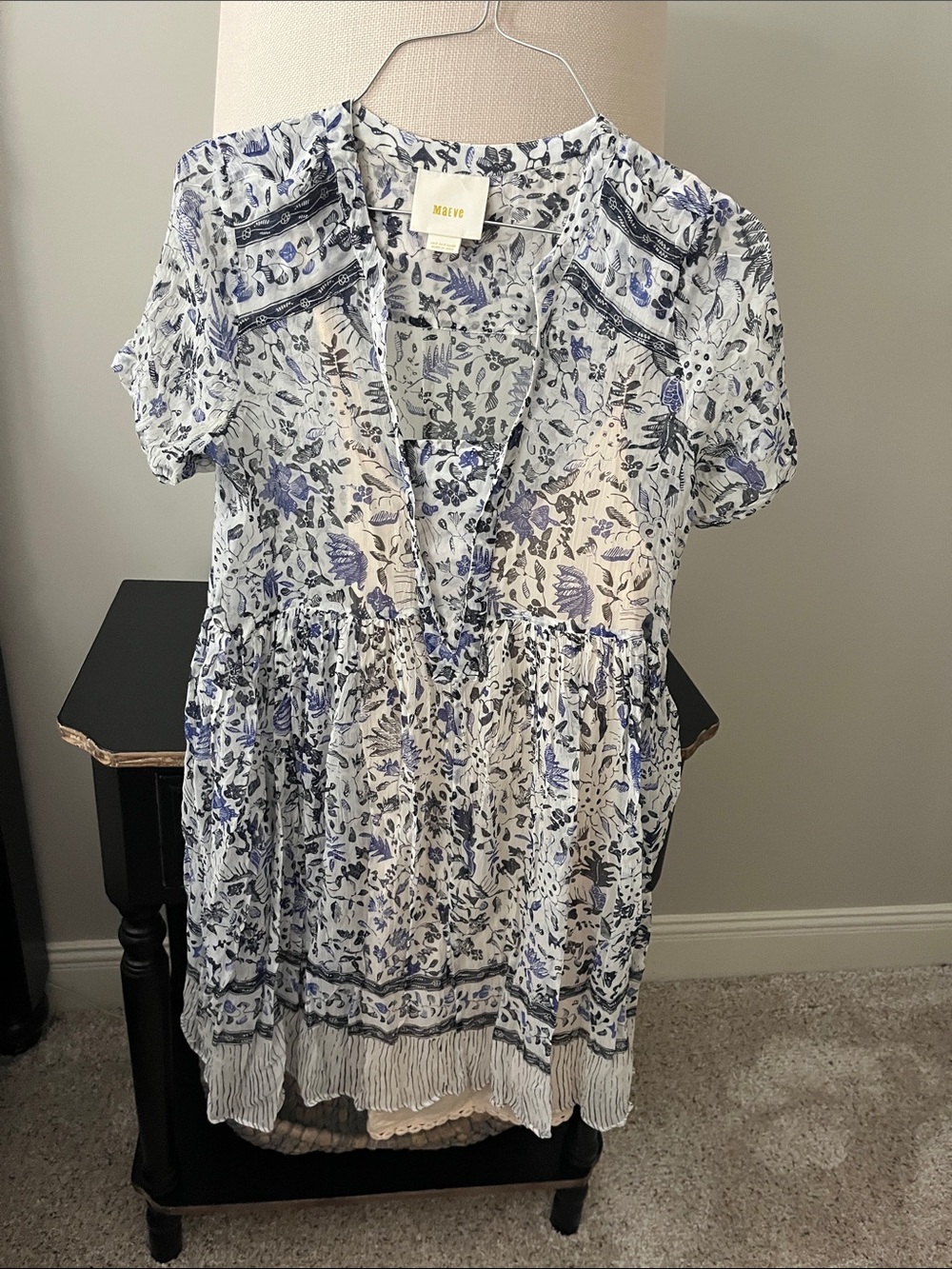 Maeve White and Blue Floral V-Neck Peasant Tunic/dress